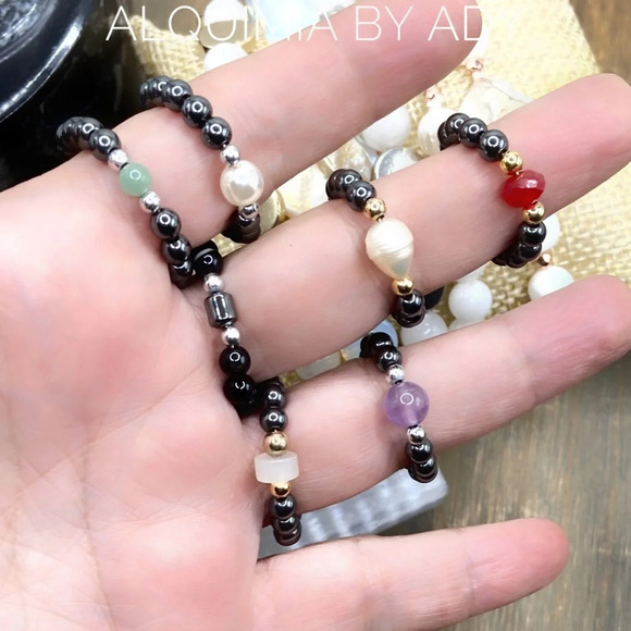 Black agate Silver hematite beaded gem ring band bohemian - Picture 3 of 3